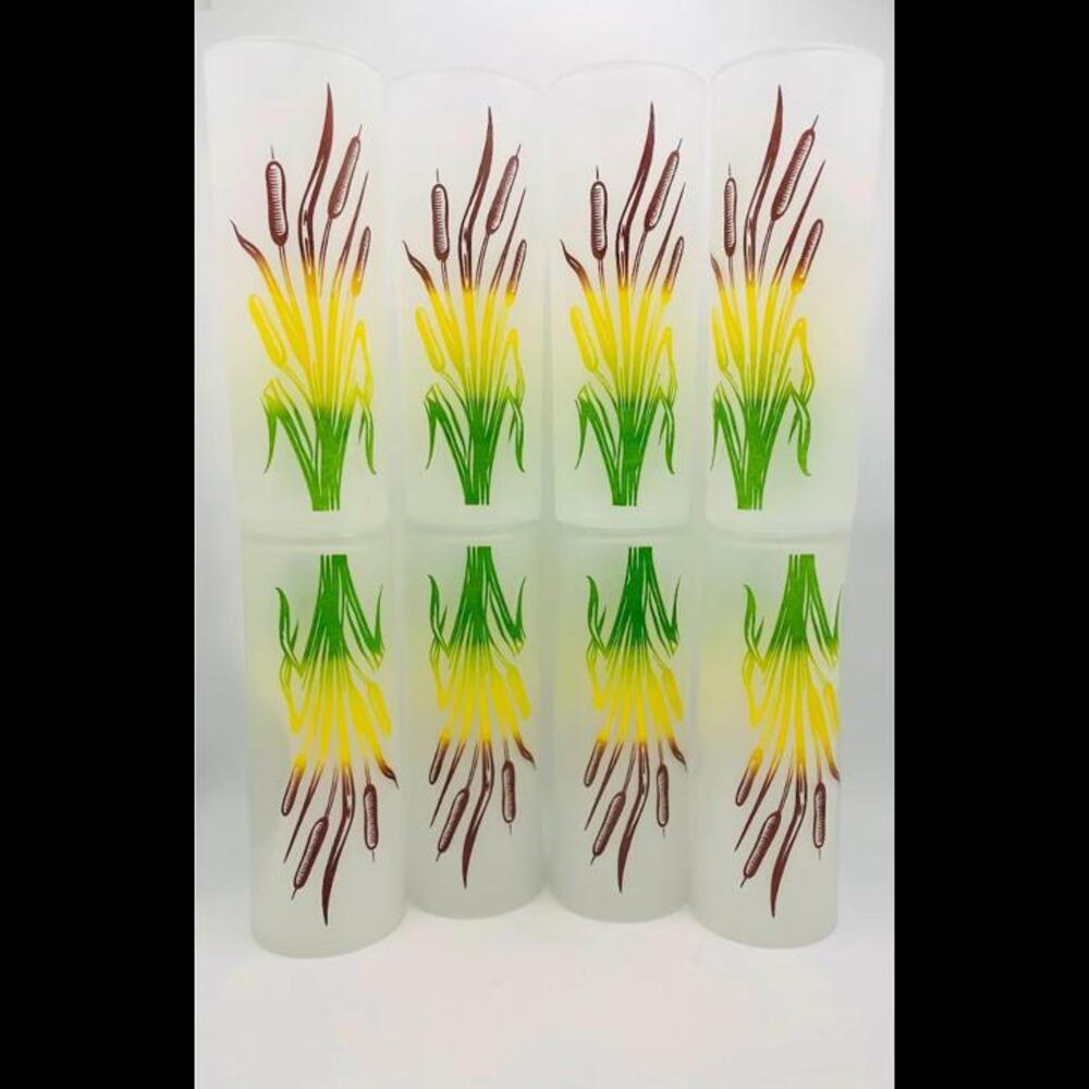 Rare 8 Vintage Federal Glass Frosted Cattail Tom Collins Glasses | MCM Highball